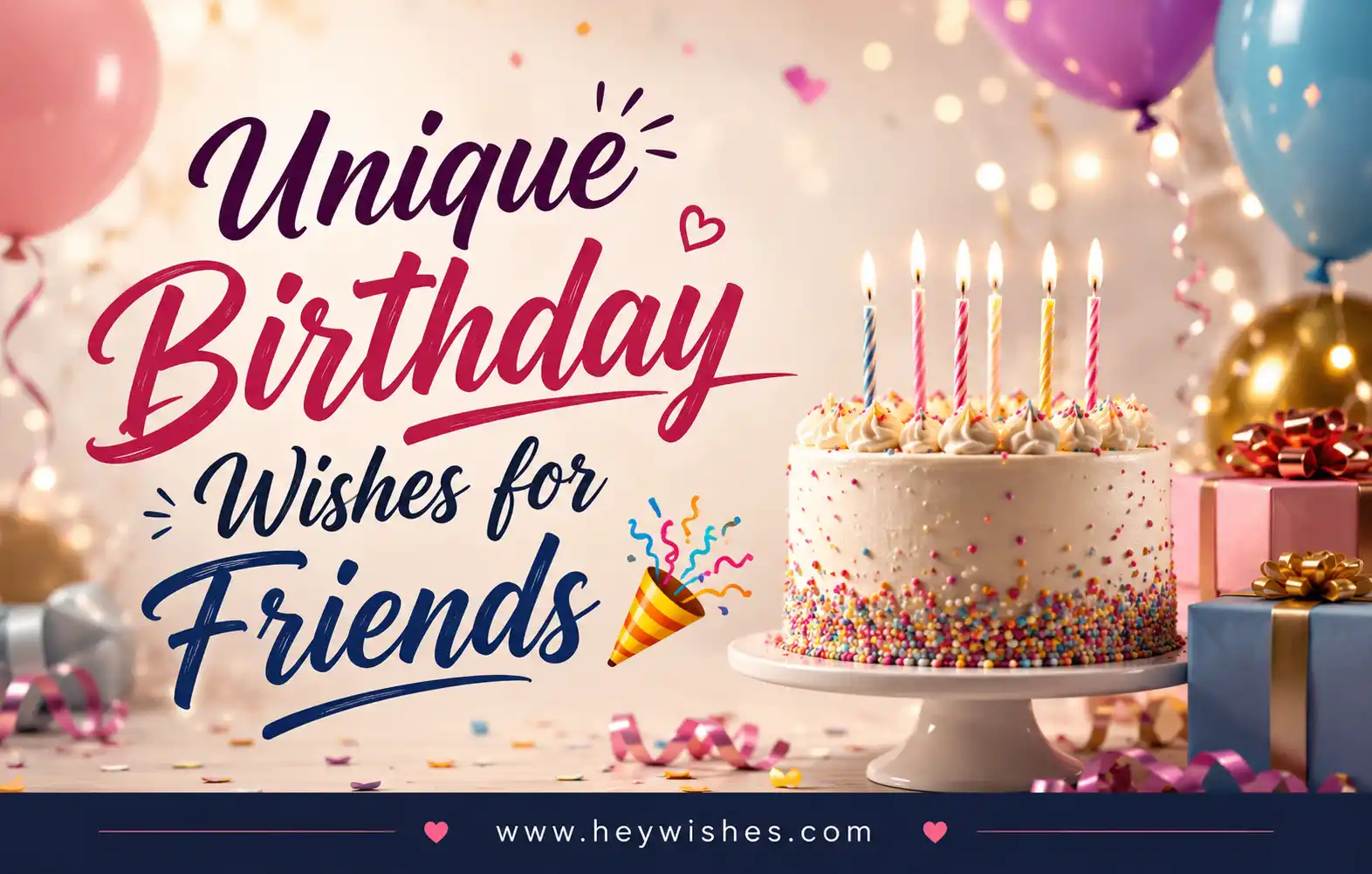 Colorful birthday banner with cake, balloons, confetti, and stylish text reading “Unique Birthday Wishes for Friends” with HeyWishes branding.