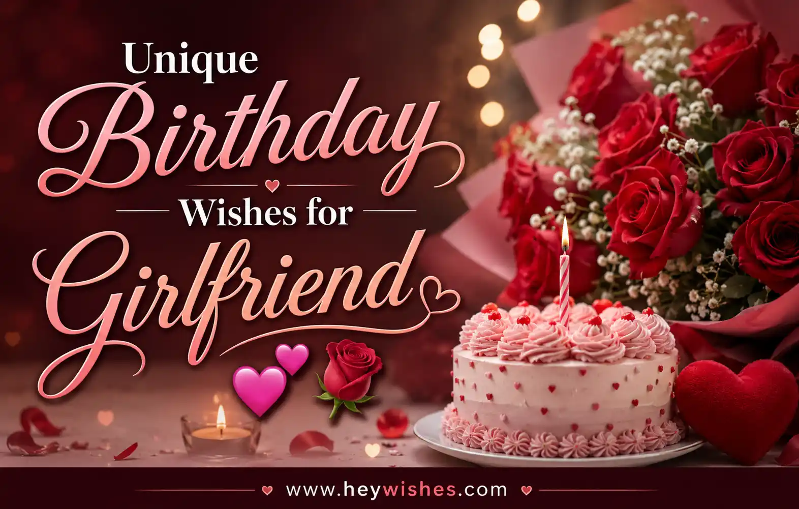 Romantic birthday wishes image for girlfriend with roses, heart-themed cake, glowing lights, and elegant pink typography.