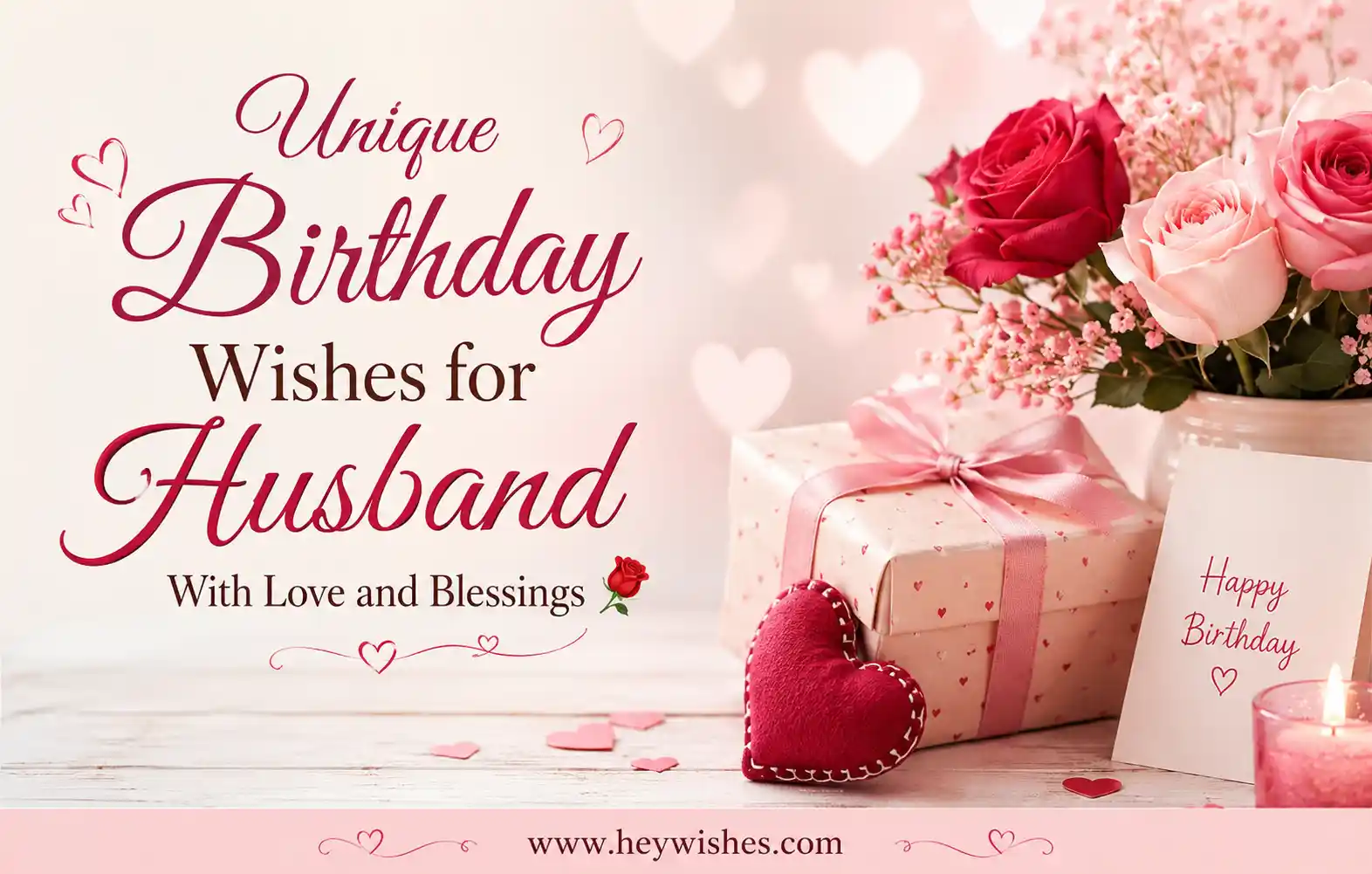 Romantic birthday banner with roses, hearts, and gifts featuring stylish wishes for husband in soft pink love-themed colors.