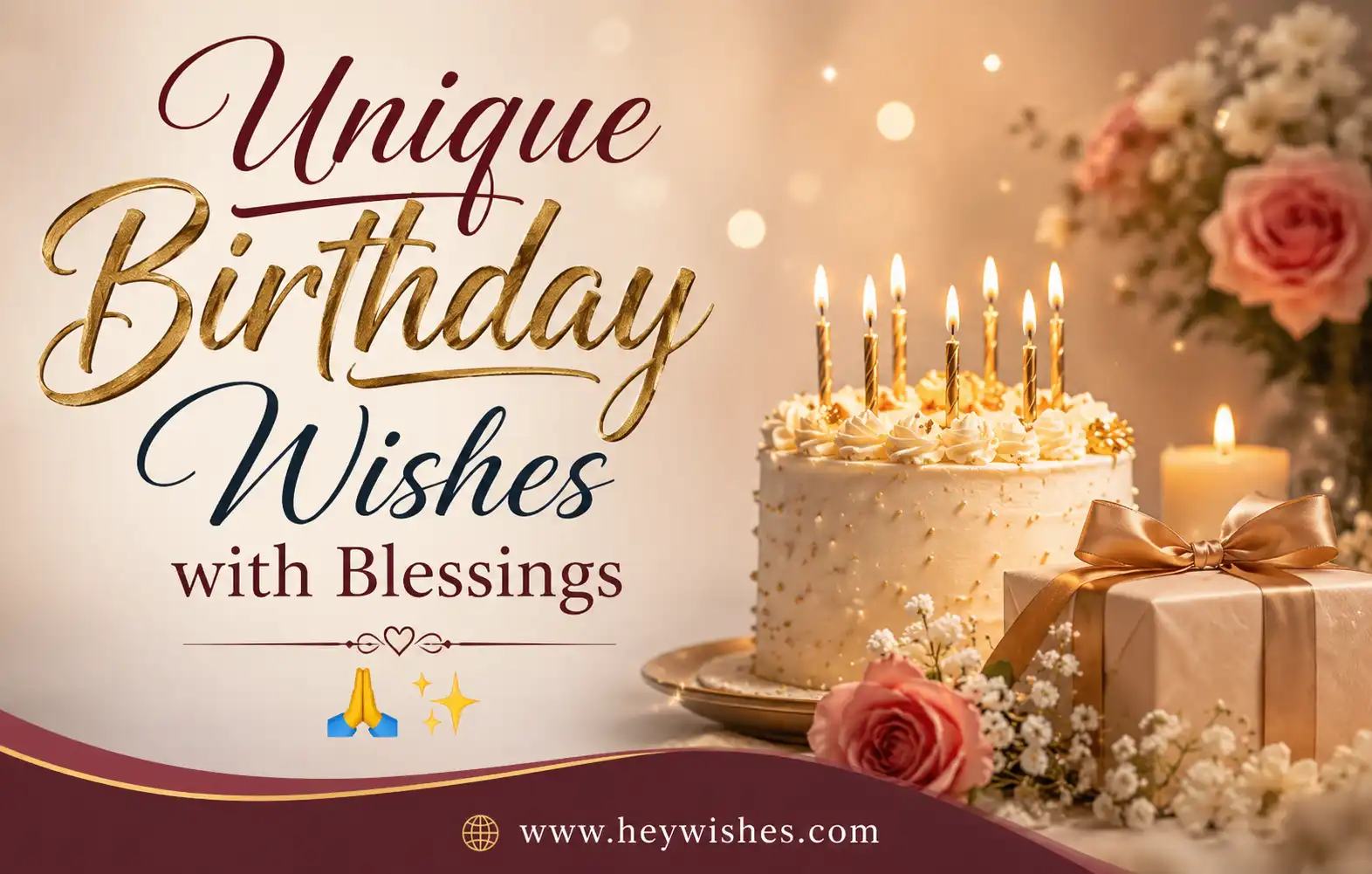 Elegant birthday wishes banner with blessings, glowing candles, floral decor, gift box, and stylish typography for a heartfelt celebration.