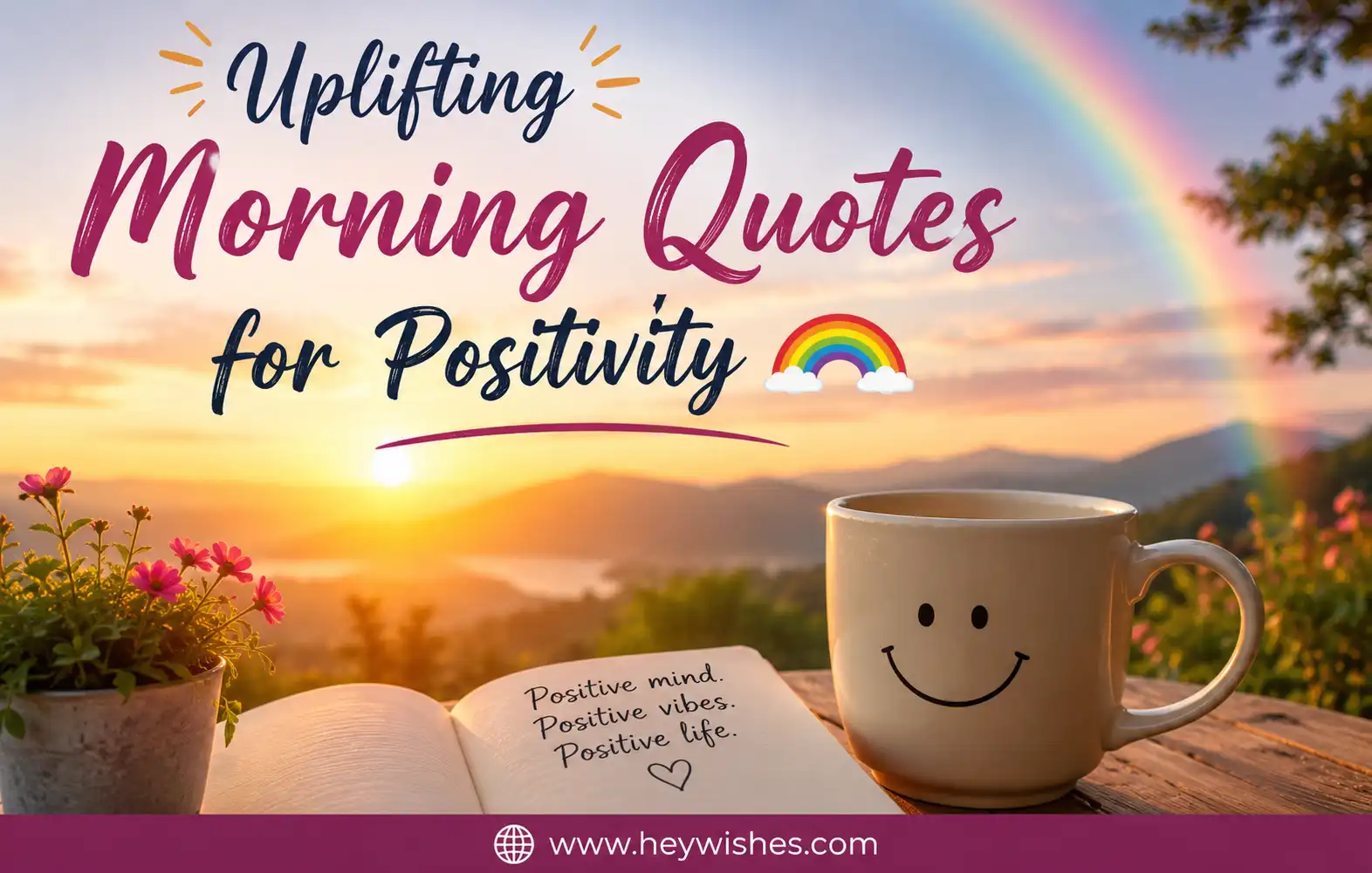 Uplifting morning quote graphic with sunrise, rainbow, smiling coffee mug, flowers, and positivity message with HeyWishes branding.