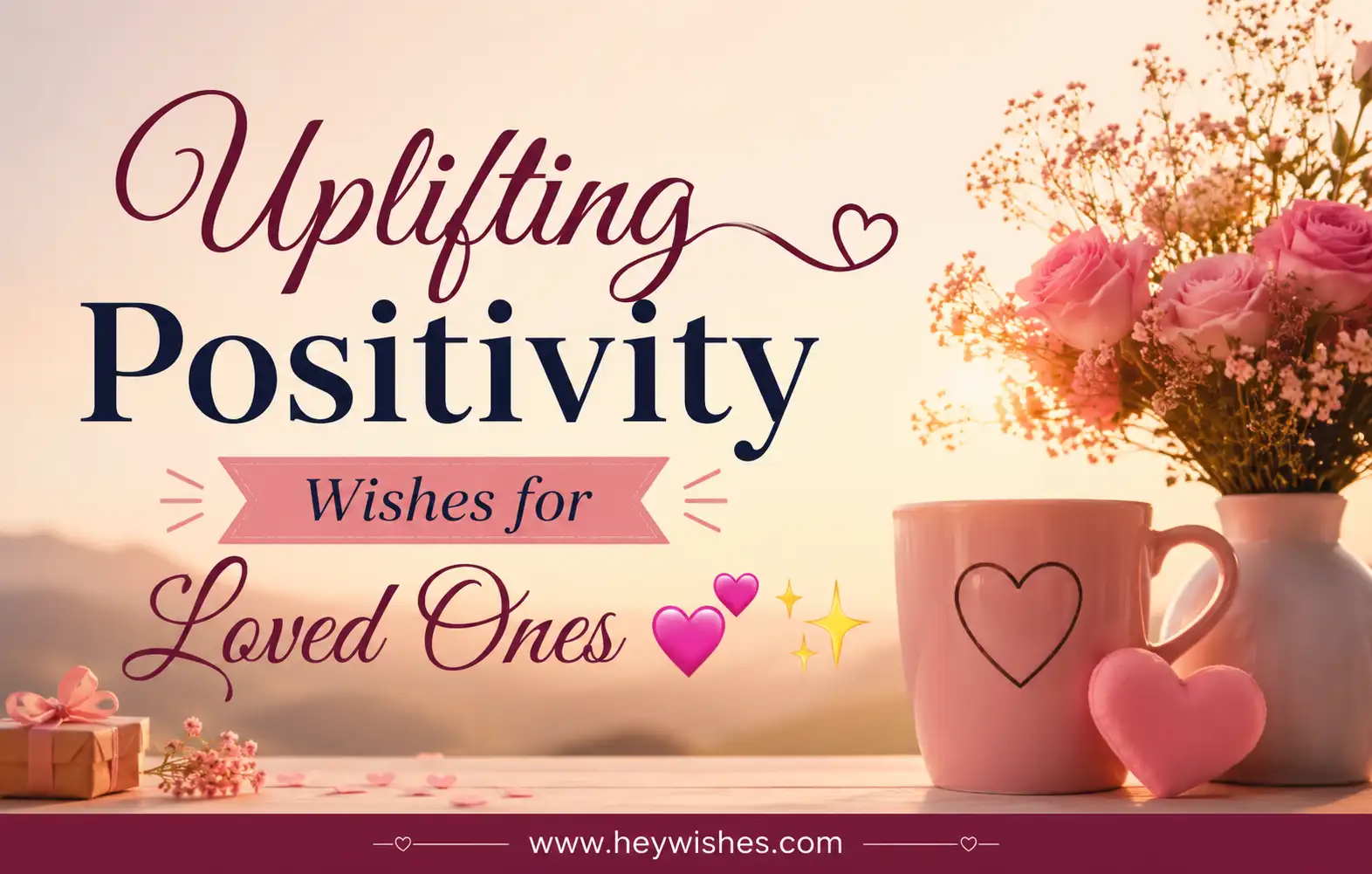 Uplifting positivity wishes graphic with pink roses, heart mug, soft sunset glow, and loving inspirational typography for loved ones.