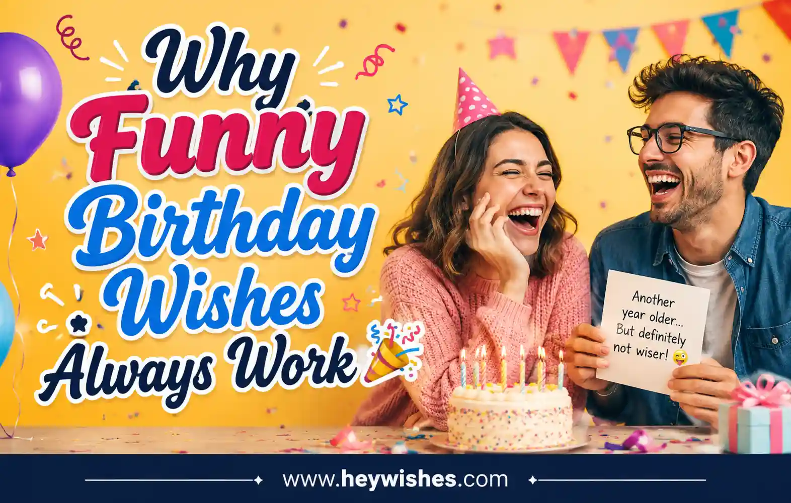 Funny birthday party banner with laughing friends, cake, balloons, and colorful text saying “Why Funny Birthday Wishes Always Work 🎉”