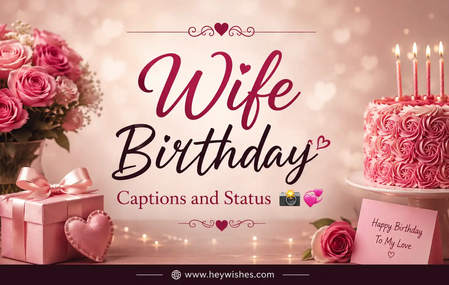 Romantic pink birthday banner for wife captions and status with roses, cake, gifts and hearts, featuring www.heywishes.com footer