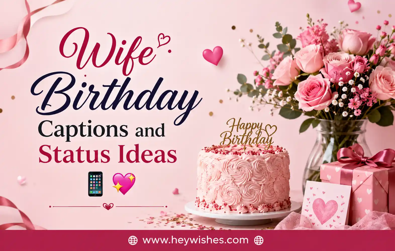 Romantic pink birthday banner with flowers, cake, gifts, and stylish text for wife birthday captions and status ideas.